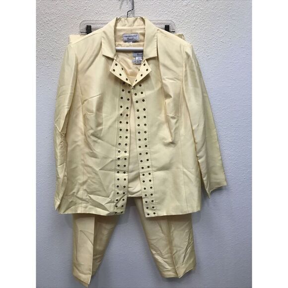 Adrianna Papell Woman Silk Pant Suit Yellow 14W Top Pants Jacket Lined 3 Piece - Picture 1 of 12